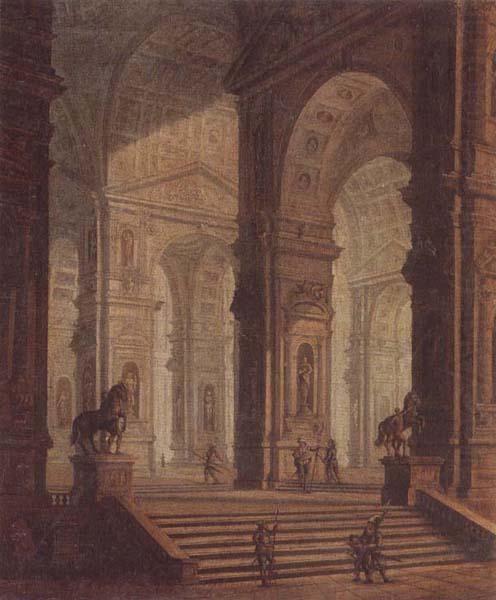 The interior of a classical building,with soldiers guarding the entrance at the base of a set of steps, unknow artist